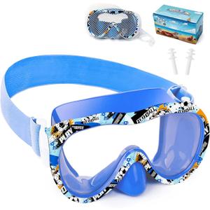 Kids Swim Goggles 180 Snorkel Diving Mask with Nose Cover, Anti-Fog Kids Swimming Goggles with Elastic Fabric Strap for Kids Boys Girls (Blue Football)