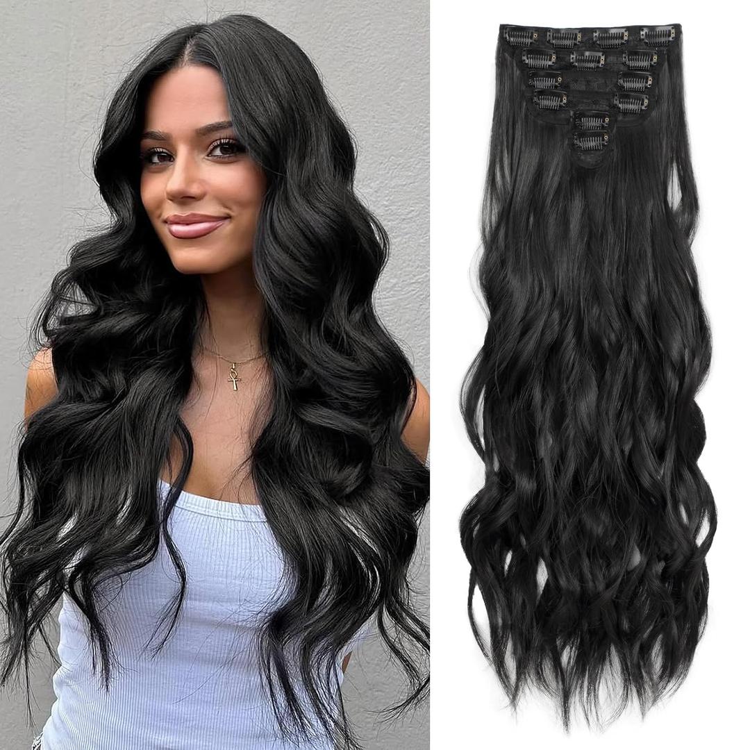 Clip in Hair Extensions for Women, Natural Black Extensions, 24 Inch 6PCS Hairpieces Long Wavy soft Thick Hair Extensions clip ins