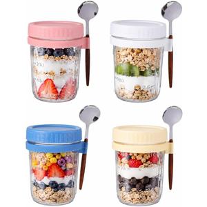 4 Pack Overnight Oats Jars with Lids Spoons: 12oz Glass Yogurt Pudding Cups - Portable Breakfast Container for Office Fitness