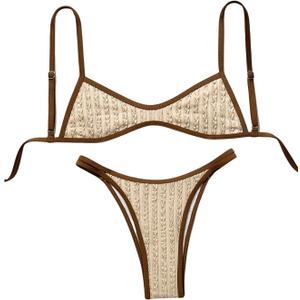 SHENHE Women's Thong Bikini Set Scoop Neck Color Block Swimsuits 2 Piece Bathing Suits Small, Apricot