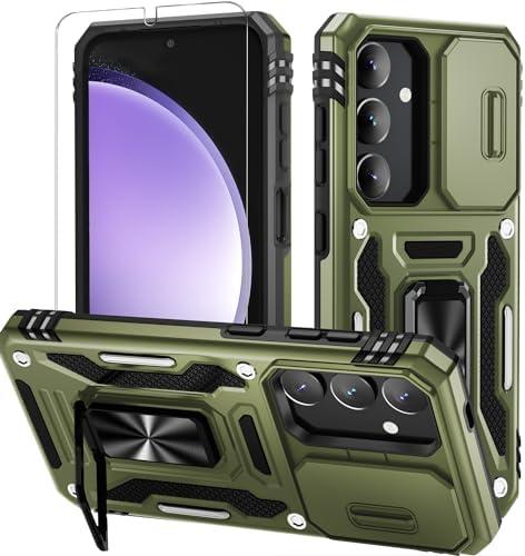 WRJ for Samsung Galaxy S25 Plus/S24 Plus Case with Slide Camera Cover and Screen Protector, Military Grade Protection [Rotated Kickstand] Heavy Duty Shockproof Protective Cover-Olive Green,Set of 5