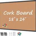 Cork Board Bulletin Board 24“ x 18”, Black Wood Framed Corkboard, Office Board for Wall Cork, Large Wall Mounted Notice Pin Board with 16 Push Pins for School, Home & Office