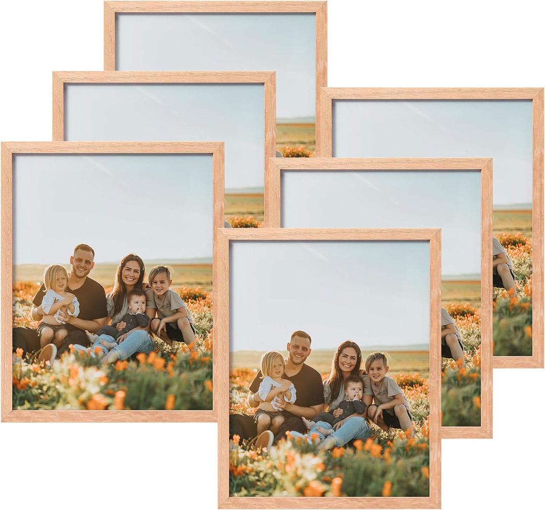 ATOBART 8x10 Set of 6 Oak Wood Picture Frame Solid Wooden Photo Frame Natural Wood Color Frames with Real Glass for Wall Mounting or Tabletop Living Room Bedroom Home Decor