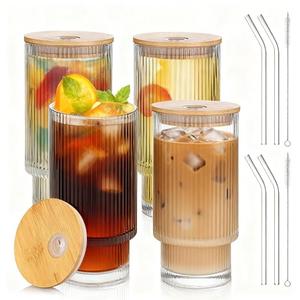Salpae 4 Pack Glass Cups with Lids and Straws, 16oz Ribbed Drinking Glasses Tumblers Durable Drinkware Water Glasses Cup Ideal Gift for Home, Kitchen, Office