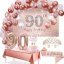 Trgowaul 90th Birthday Decorations Balloon Set Women's Arch, Rose Gold 90th Birthday Banner and Party Tablecloth, Belt and Tiara, Pink Gold 90th Balloon, Pink Birthday Cake Top, Latex Balloon * 60