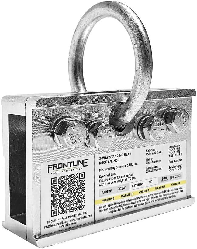 Frontline RO2W 2-Way Standing Seam Roof Anchor Clamp | Rugged, Reusable & Compact | OSHA & ANSI Compliant Steel anchor | Strength Rating: 5,000 lbs | Bolts and washers included