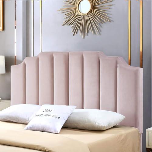 24KF Pink Velvet Tufted Queen Upholstered Headboard, Modern Vertical Channel Design California Queen/Full Headboard with Stepped Silhouette Top Edge, Pink