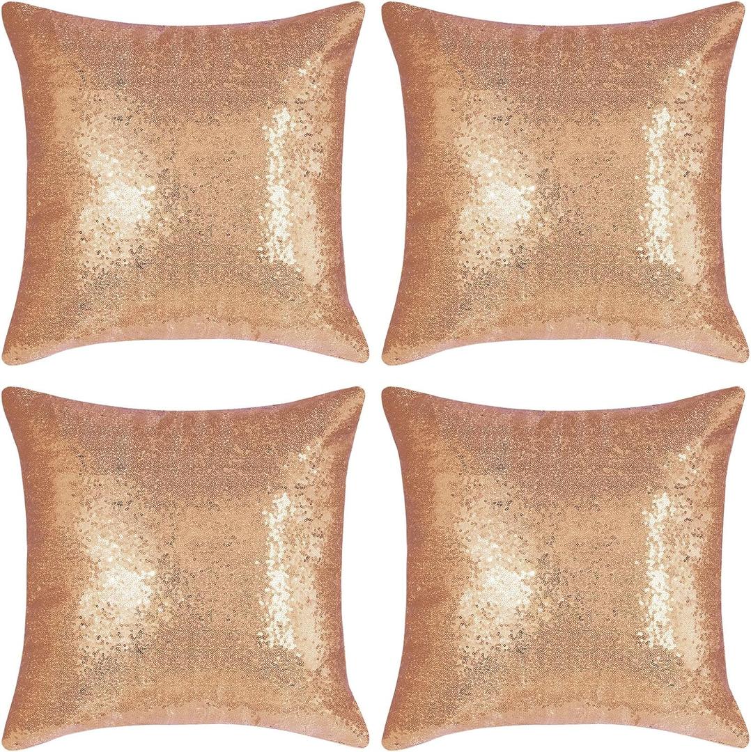 Champagne Gold Square Sequin Decorative Throw Pillow Covers Cushion Case for Chair Couch Bed Sofa Bedroom Living Room Wedding Home Decor (18"x18",4 Pack)
