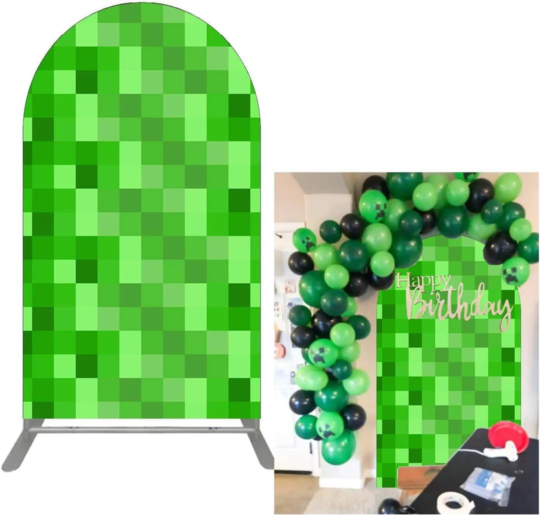 FiVan 7.2x4ft Green Pixel Arch Backdrop, Video Game Theme Party Background for Gamer Birthday Party, Kids' Gaming Event Decorations, Photo Booth Prop