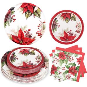 Purhapfre 150Pcs Christmas Paper Plates and Napkins Set Christmas Poinsettia Flowers Design Disposable Holiday Plates Dinnerware for Xmas Holiday Winter Party,Serves 50