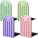 Harloon 4 Pcs Boho Arch Wooden Bookends, Decorative Rainbow Book Stoppers with NonSlip Metal Base, 5x3x4 Inches, Cute Shelf Decor for Heavy Books, Home Office Study Desk Organizer(Pastel Color)