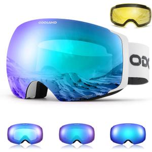Odoland Photochromic Ski Goggles Interchangeable with 2 Lens, Large Spherical Frameless Snow Snowboard Goggles for Men Women (Blue Lens Vlt 33%-7% White Frame)