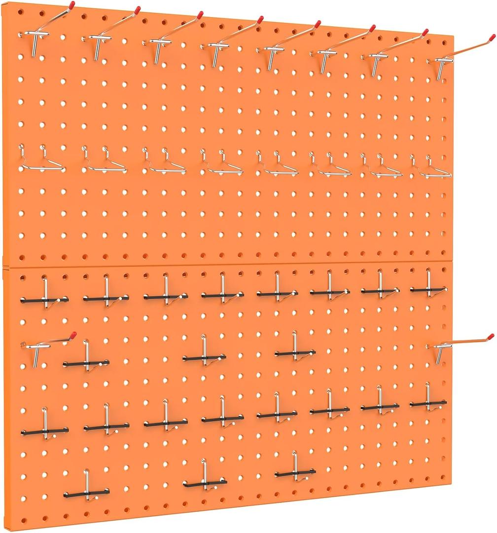 TORACK Metal Pegboard Wall Organizer 24" x 24" or 12" x 48", 70 PCS Tools Storage Pegboard for Garage, Modular Pegboard, Tool Organizer Board with Peg Board Hooks(Orange)