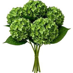 5PCS 26 Real Touch Dark Green Faux Hydrangea Artificial Flowers with Stem | Large Lifelike Silk UV Resistant Single Flowers, Fake Plant for Wedding Bouquet Centerpieces Party Home Indoor Decor