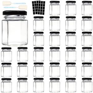 3 OZ Mini Hexagon Glass Jars, 30 Pack Empty Honey Jars Small Spice Jars with Black Lids, Sponge Brushes and 40pcs Labels for Jam, Homemade Projects, Gifts, Wedding Party Favors