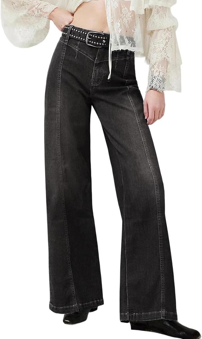 Women Wide Leg Baggy Jeans Mid-High Waisted Straight Stretchy Denim Pants Seamed Long Trousers (Black, M)