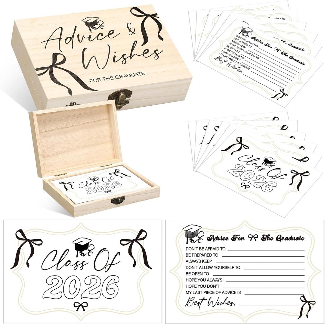 50 Pcs Black Bow Graduation Advice & Wishes Cards with Wooden Box, Class of 2026 Grad Party Supplies, Guest Book Alternative, Double Sided Cards Games Party Favors for High School College University