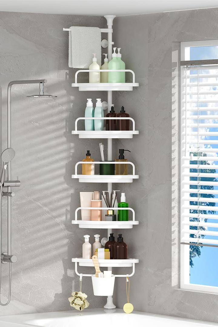 Rust Proof Corner Shower Caddy Tension Pole Adjustable Height (32-118 inch), 5 Tier Shelf Bathtub Organizers and Storage  Includes Towel Rack, Tooth Brush Holder and Suction Cup. (White)