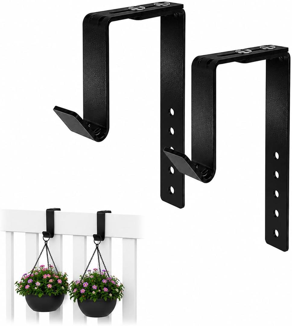 Adjustable Heavy-Duty Single Hook Bracket – Reinforced Plant Hanger for Railing, Balcony, Fence, or Cubicle – Supports Up to 40 Lbs – Metal Wall Hook for Planter, Lantern, Bag (Black 2 Pack)
