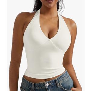 OMKAGI Womens Tank Tops Sexy Halter V Neck Going Out Tops Sleeveless Y2K Crop Top Size S