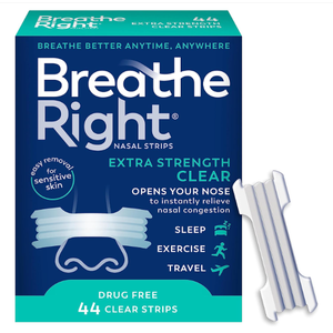 Breathe Right Nasal Strips, Extra Strength Clear Nose Strips, DrugFree Nasal Congestion Relief for Better Breathing, Help Relieve Snoring, Caused by Colds & Allergies, Deviated Septum, 44ct