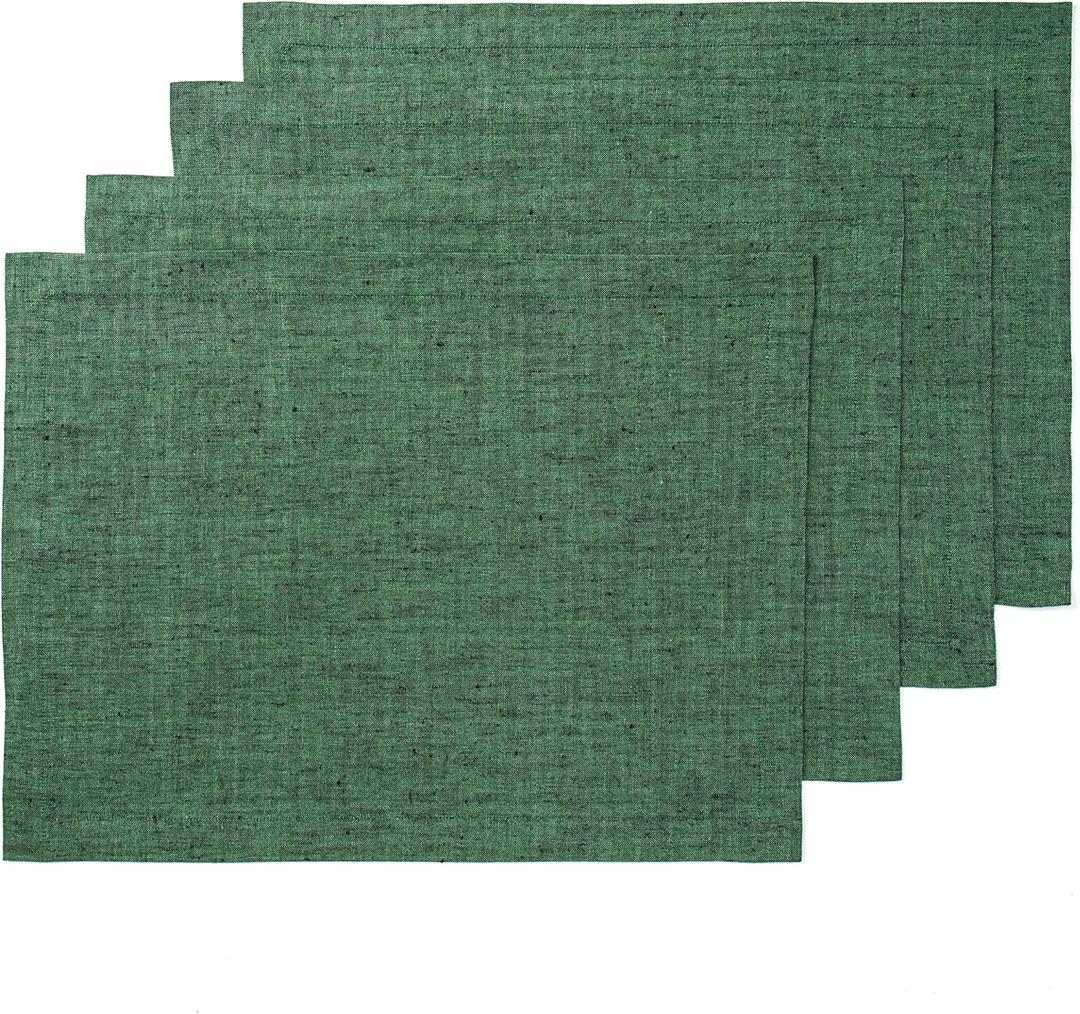 Solino Home Linen Placemats Set of 4 - Forest Green Placemats 14 x 19 Inch - 100% Pure Linen Table Mats - Athena