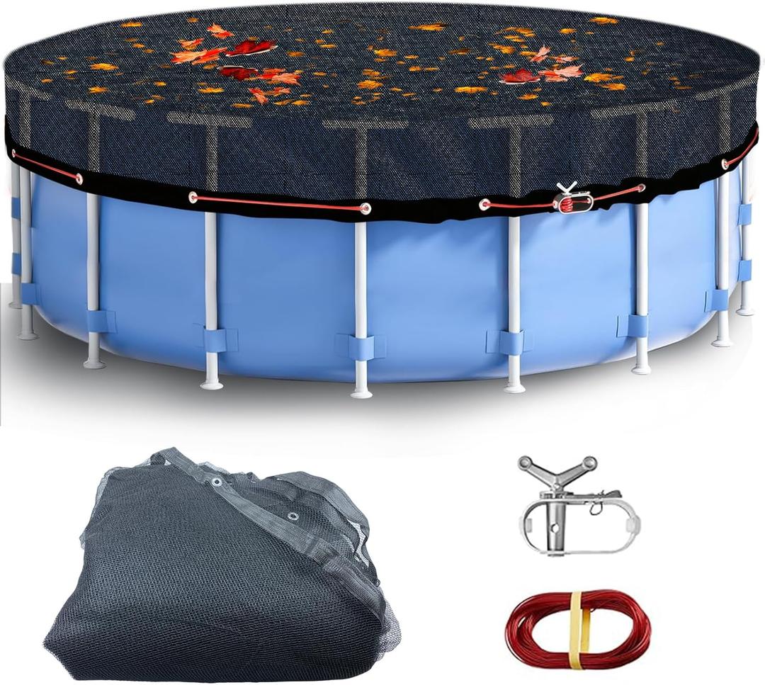 26.2 Ft Round Leaf Cover for Above Ground Pool, Durable Black Mesh Swimming Pool Leaf Cover with Winch & Cable for Leaves and Debris for 24 Ft Round Pools ( Black, 24 Ft )