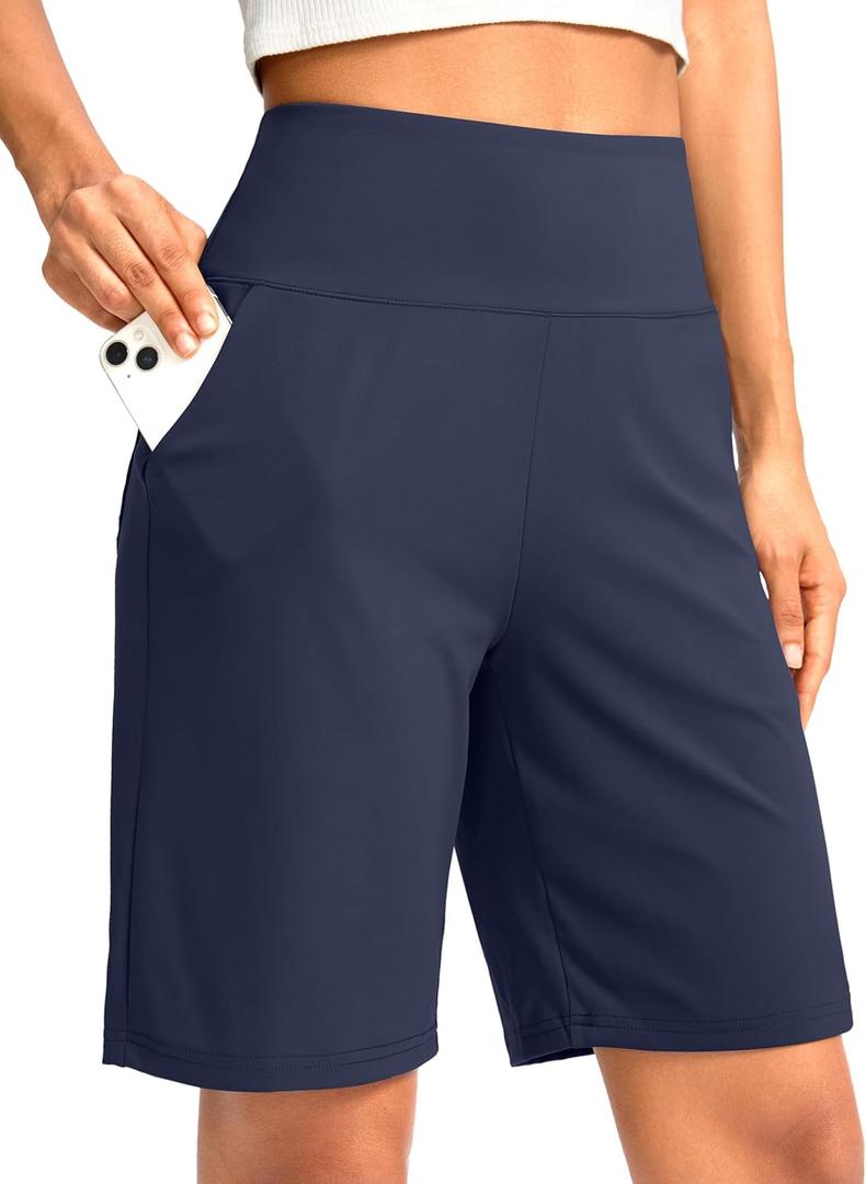 G Gradual Women's Bermuda Long Shorts with Pockets 9" High Waisted Knee Length Shorts for Women Walking Athletic Workout (Navy)