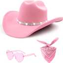 3Pcs Rhinestone Cowboy Hat for Women with Bandana, Heart Sunglasses set, Wide Brim Cowgirl Hat for Western Disco Party (Pink)