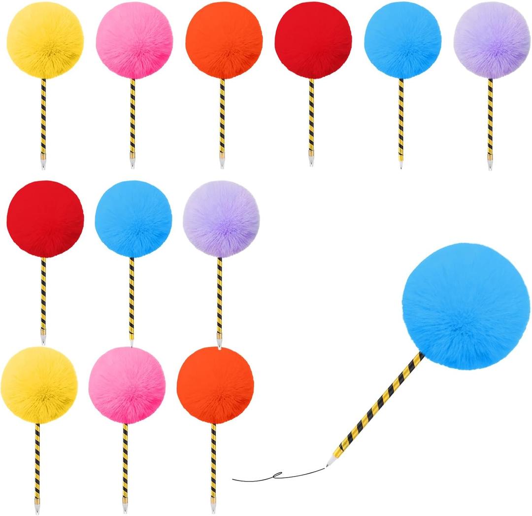 12 Pcs Tree Pompom Pen Colorful Fluffy Ball Pens Cute Fuzzy Pom Pom Pens Gift for 100th Day of School Office, Rose, Orange, Yellow, Purple, Red, and Blue(Black and Yellow)