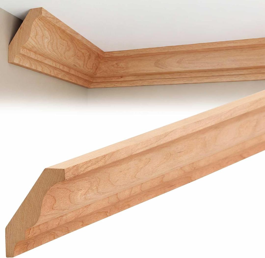 DoubleFill 2 Pack Solid Cherry Hardwood Crown Molding Trim 47'' x 3/4" x 3-5/8" Real Wood Colonial Ceiling Molding, Unfinished & Stainable, Easy Install, Alternative to Foam & Plastic Trim, 94" Total
