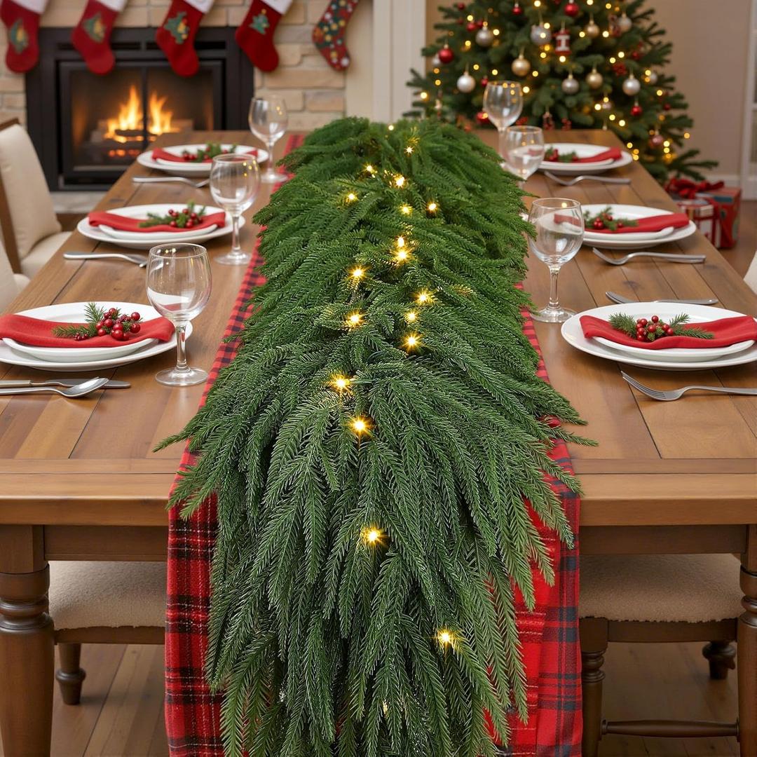 2PSC 9ft Artificial Christmas Garland with Lights, Real Touch Norfolk Pine Garland Green Christmas Garland for Mantle, Table, Fireplace, Indoor, Outdoor Christmas Decorations