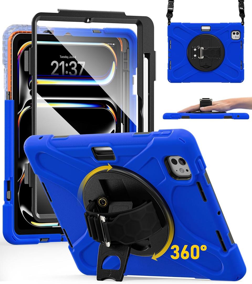 BRAECN Case for iPad Pro 11 inch M5 2025 & M4 2024, 4 Layers Heavy Duty Full-Body Protection Screen Protector Pencil Holder, 360 Rotating Handle Kickstand, Shoulder Strap Kids Friendly (Blue)