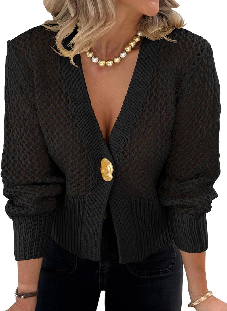 Cicy Bell Womens Cropped Crochet Cardigans Hollow Out Button Down Lantern Sleeve Knit Sweaters Casual Mesh Loose Fit Cover Up (Black, M)
