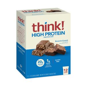 think! Protein Bars, High Protein Snacks, Gluten Free, Sugar Free Energy Bar with Whey Protein Isolate, Brownie Crunch, Nutrition Bars without Artificial Sweeteners, 2.1 Oz (12 Count) (EXP 03/20/27)
