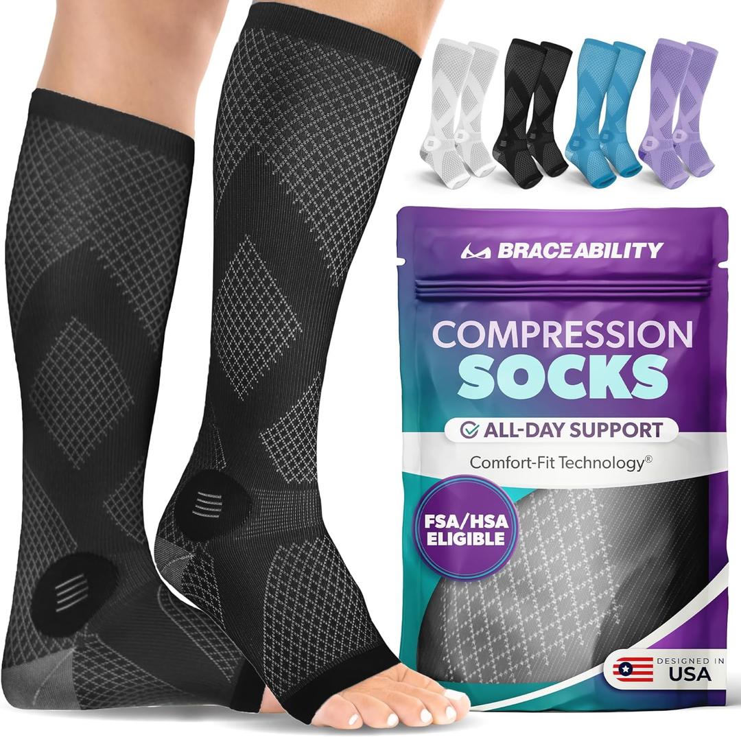 BraceAbility Compression Socks for Circulation - 20-30 mmHg Knee High Neuropathy Open Toe Stockings for Varicose Veins, Swelling, RLS, Medical Toeless Support for Men or Women - 1 Pair (M - Black)