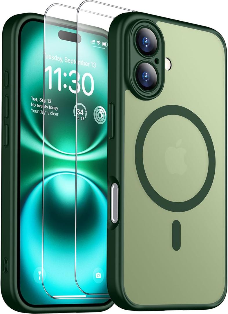 2 x SPIDERCASE Designed for iPhone 16 Case, Magnetic Translucent [2+Tempered Glass Screen Protector] [Camera Protection] Anti-Fingerprint Anti-Scratch for iPhone 16 6.1, Green