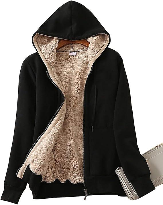 Yeokou Women's Casual Full Zip Up Sherpa Lined Hoodie Sweatshirt Jacket Coat (Black, XL)
