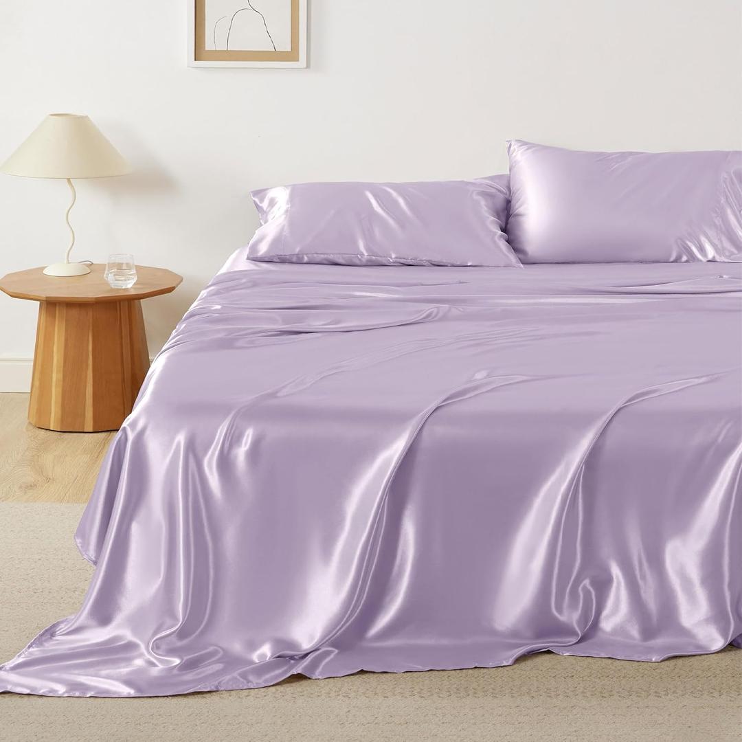Bedsure Satin Sheets King Size - 4 Piece Silky Bedsheets with 15 Inches Deep Pocket Fitted Bedsheet,1 Flat Sheet, 2 Satin Pillowcases, Good for Hair & Skin (King, Lavender)