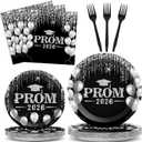 96PCS Prom Night 2026 Party Tableware Set Black Silver Graduation Party Supplies Congrats Class of 2026 Party Disposable Dinnerware Plates Napkins Forks for Graduation Celebration Favors