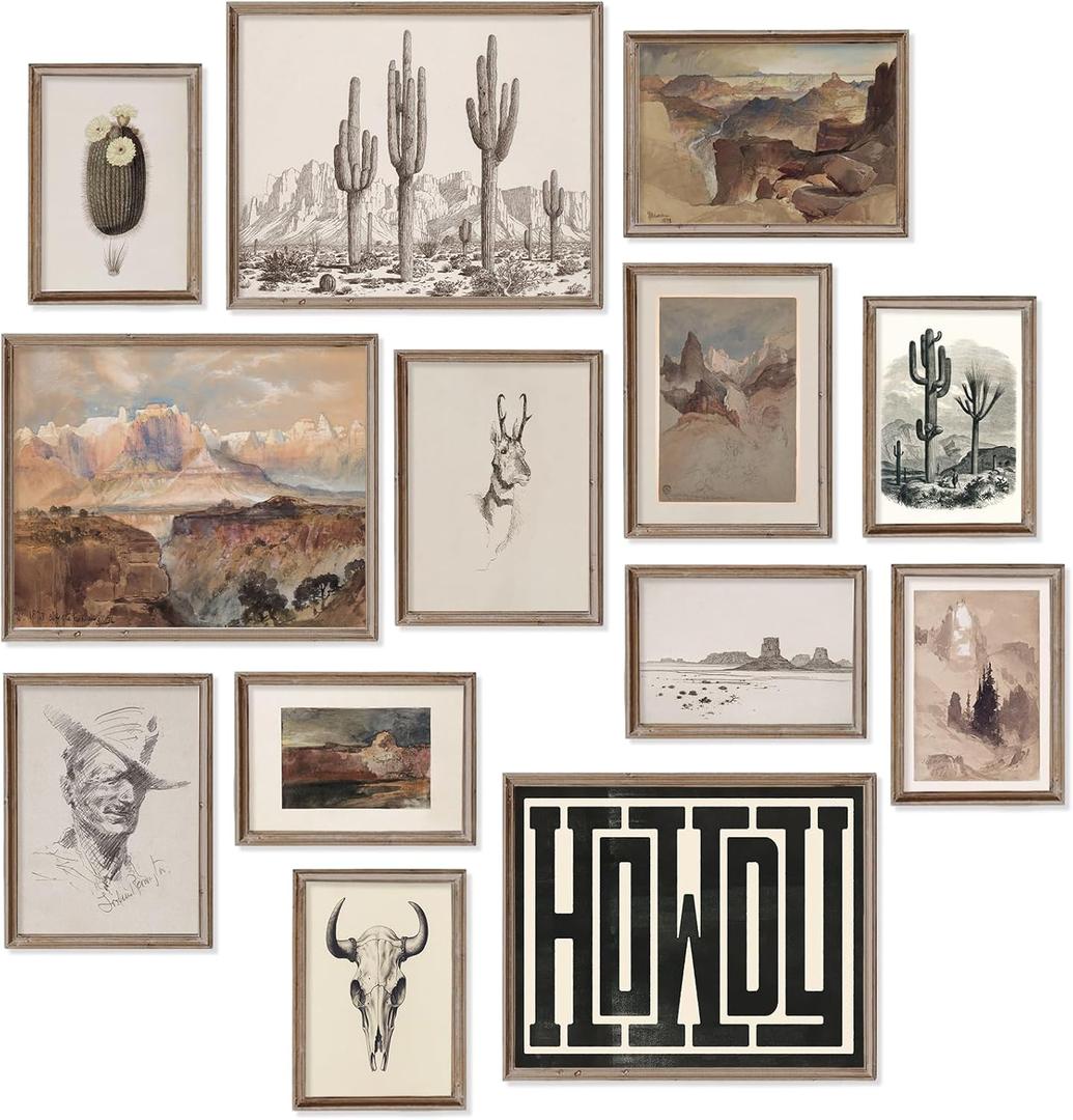 Western Decor Vintage Western Wall Decor,Farmhouse Cowboy Decor Wall Art,Boho Ranch Landscape Art Prints Canyons Cacti Desert Southwestern Wall Decor Aesthetic Pictures,Rustic Southwestern Artwork Prints for Room Bedroom Bathroom Decoration,Unframed (Set of 13pcs-Mixed Sizes-Unframed)