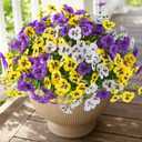 Alupssuc 48 Bundles Artificial Flowers for Outdoors, Fake Spring Flowers for Decoration, UV Resistant Realistic Pansies with Eucalyptus Silk Faux Flowers for Porch Patio Yard, Purple Yellow White