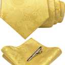 JEMYGINS Men's Light Yellow Paisley Necktie and Pocket Square with Tie Clip Sets (48)