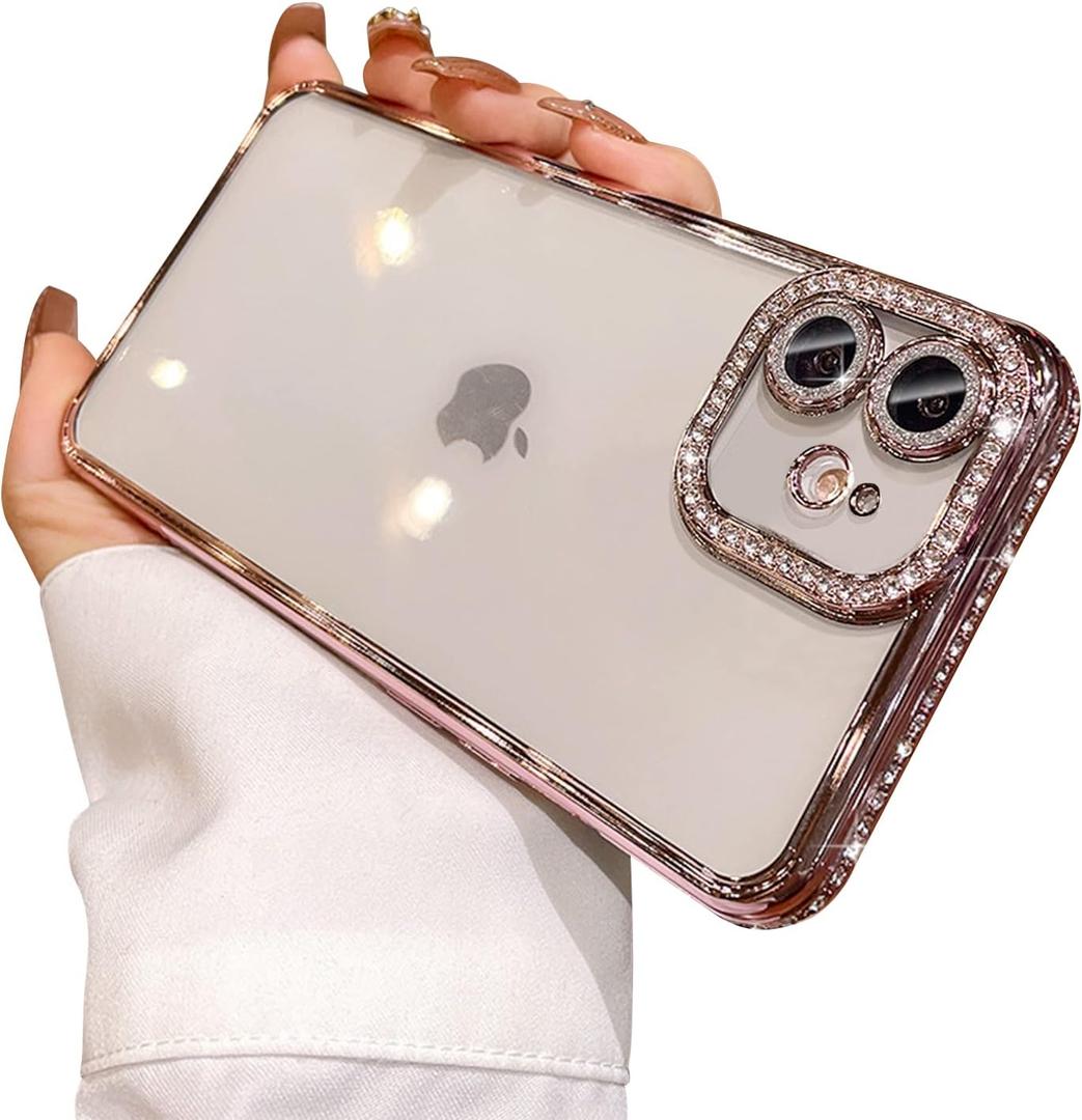 Fycyko Compatible for iPhone 11 Case with Glitter Diamond Camera Protector,Bling Clear Crystal Cute Phone Case Shockproof Sparkle Len for iPhone 11(6.1'')-Pink