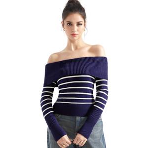 SUUKSESS Women Off Shoulder Sweaters Long Sleeve Ribbed Knit Going Out Fall Tops Blouse (Blue, XS)