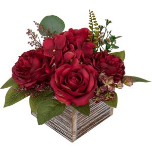 Flower Arrangement with Wooden Vase 8" Artificial Flowers in Pot - Fake Flowers Roses Peonies Hydrangeas in Wooden Vase Potted Artificial Flower Centerpieces for Table Decor Living Room - Red