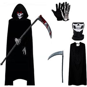 Grim Reaper Costumes Adult Halloween Death Scary Cloak Ghost Hooded Cape Cosplay Outfit Robe Scythe Mask Glove