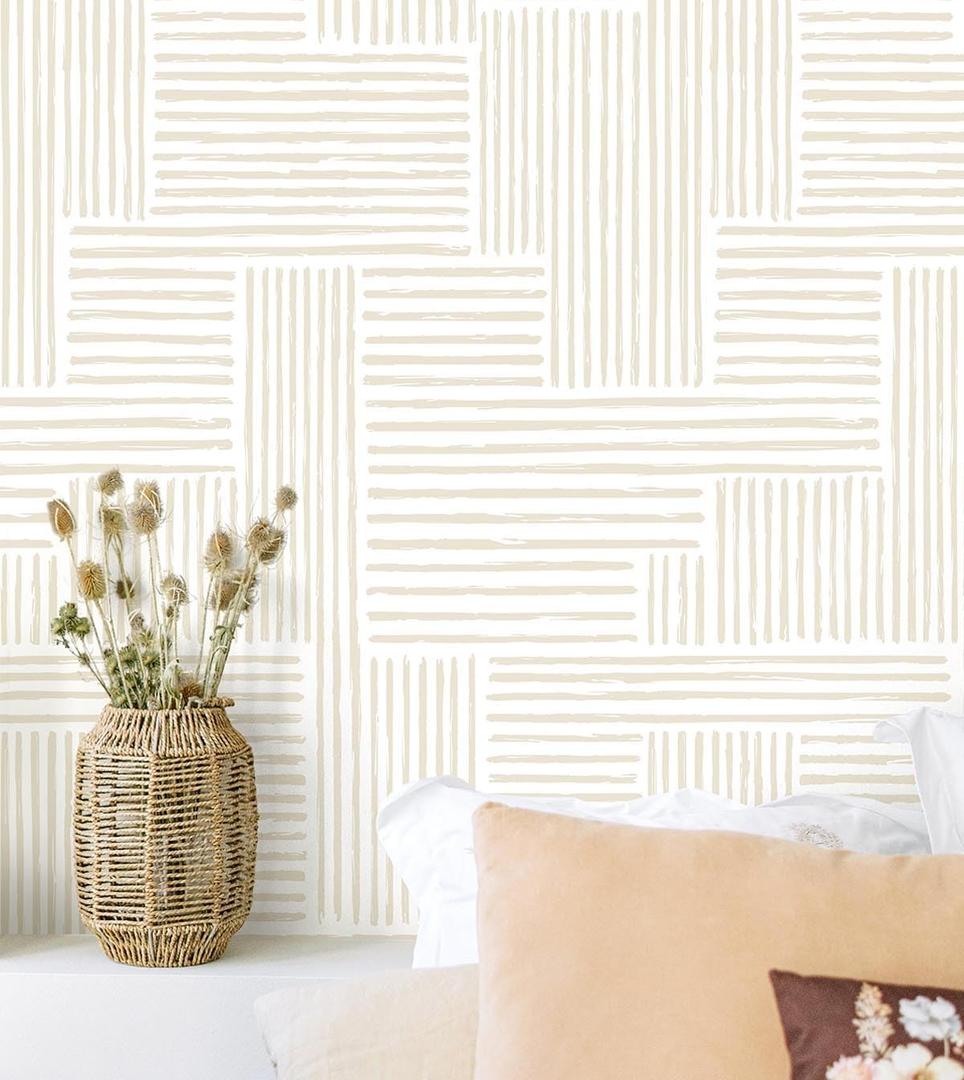 Naphite Modern Stripe Peel and Stick Wallpaper Boho 78.7inL17.3inW Contact Paper for Cabinets Drawers Geometric Self Adhesive Removable Wallpaper for Bedroom Waterproof Beige/White Neutral Wall Decor