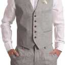 Mens Linen Suit 2 Piece Short Suits for Men Casual Summer Beach Wedding Suit Linen Vest Shorts Set, 
Large