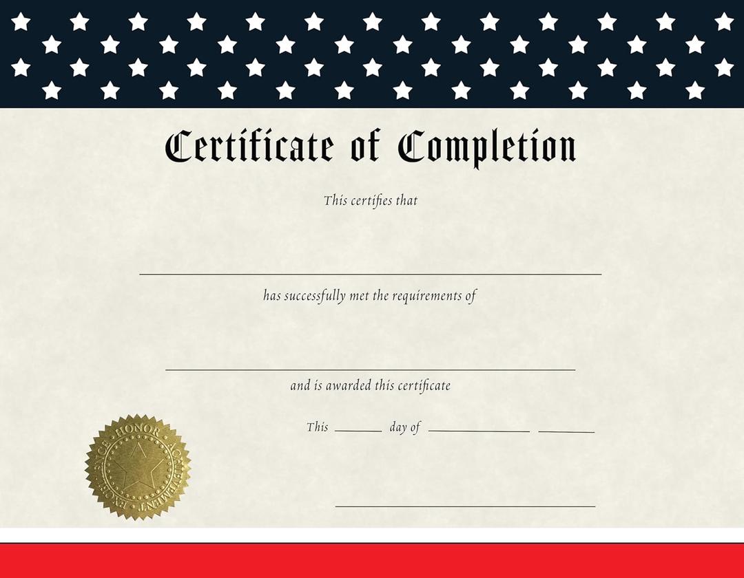 Patriotic Certificate of Completion with Embossed Gold Foil Seals - 30 Pack - Award Certificate Paper for Students, Teachers, Employees - 8.5" x 11" Inkjet/Laser Printable